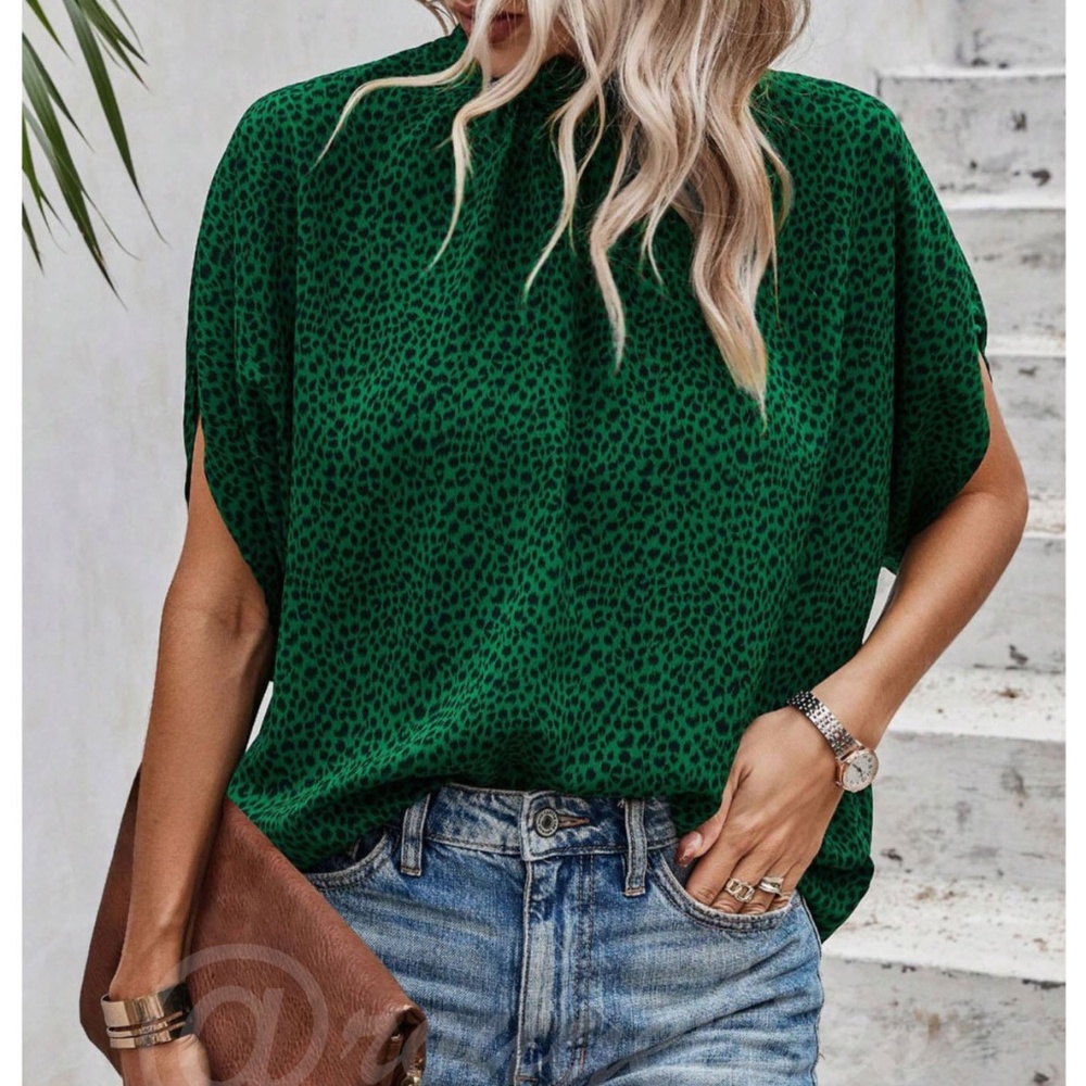 Spotted Print Green Blouse Top Flowy, High Neck